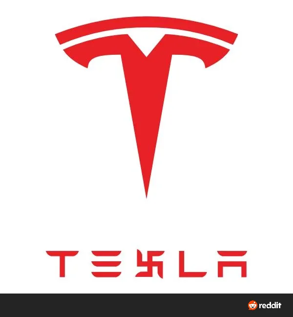 The image displays the official red Tesla logo, a stylized 'T' with horizontal bars above, positioned above the word 'TESLA'…