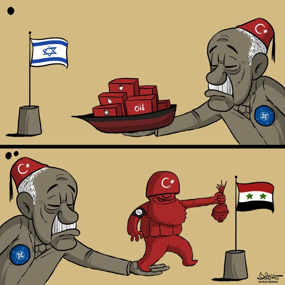 A two-panel cartoon shows a man in a NATO jacket and fez offering a ship full of oil to Israel, then later being offered a…