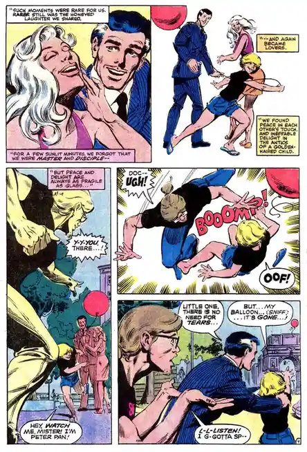 A comic strip panel showing a man and woman in a romantic embrace, followed by a child running with a balloon, then a sudden…