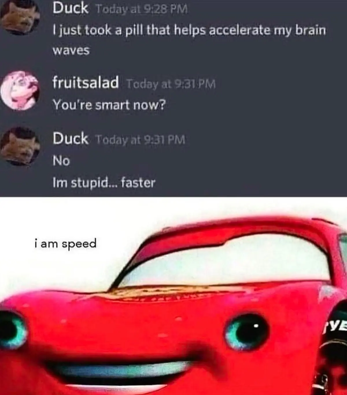The image shows a screenshot of a chat conversation where 'Duck' claims to have taken a pill to accelerate brain waves…