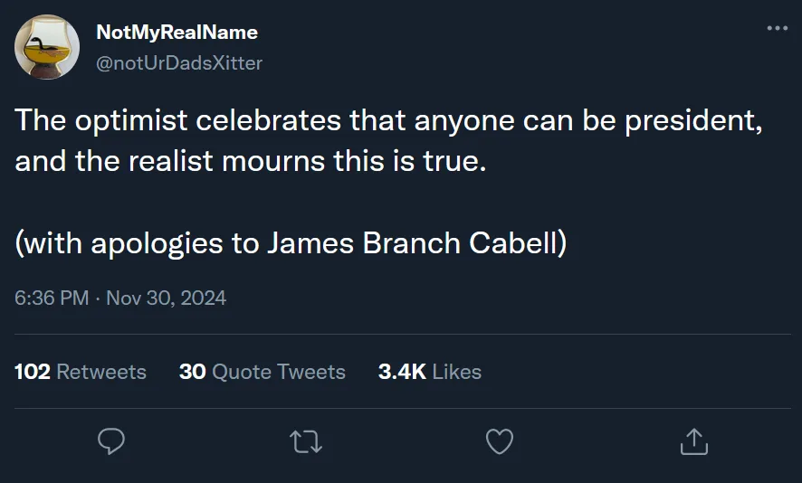 A screenshot of a tweet from the account 'NotMyRealName' (@notUrDadsXitter) on a dark blue background. The tweet text reads…