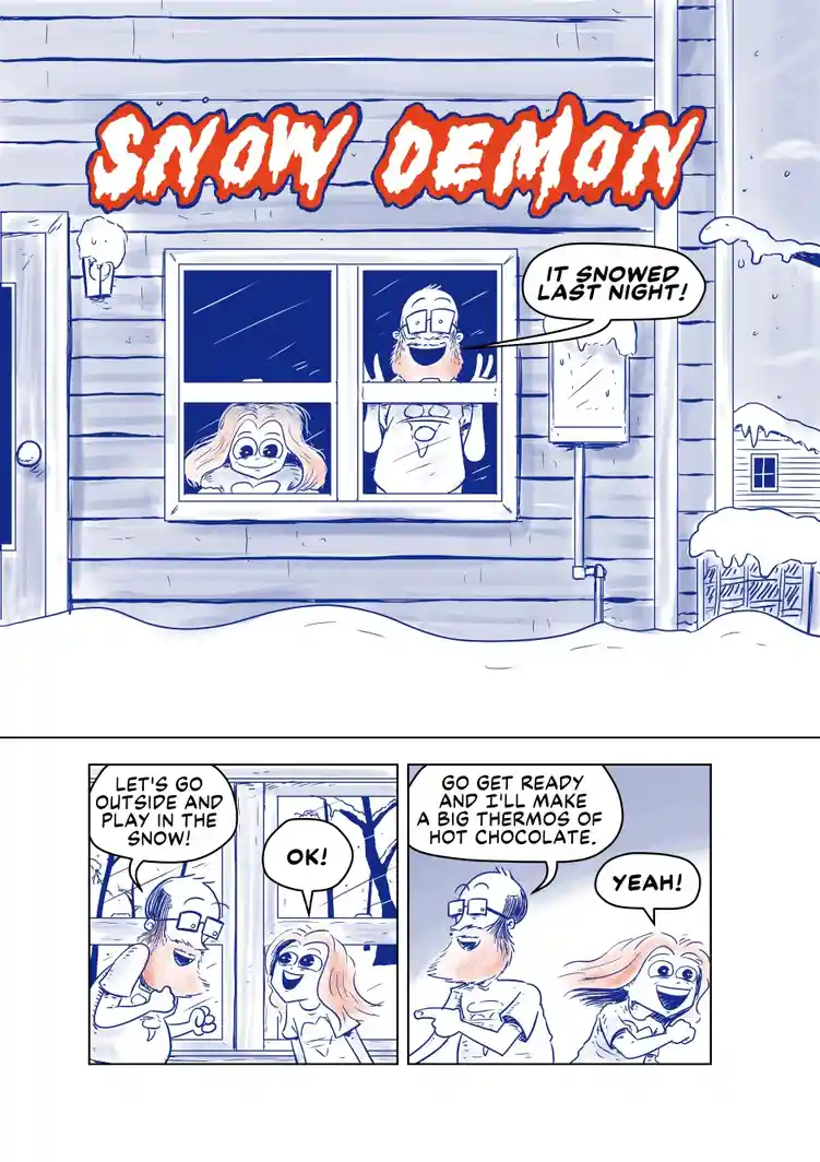 A two-panel comic strip shows a man and woman excitedly reacting to snow. The top panel shows them looking out a window at a…