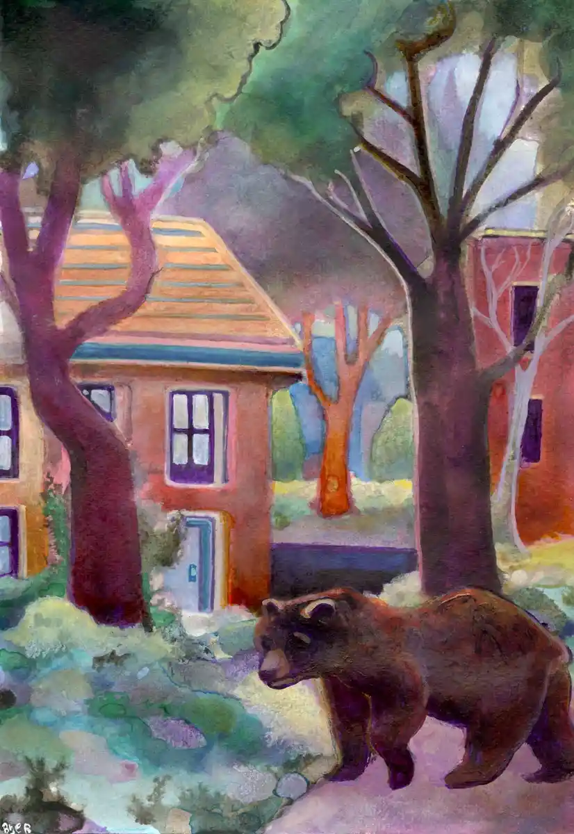 A watercolor painting depicts a brown bear walking calmly past stylized houses with purple and orange walls, bare trees, and…