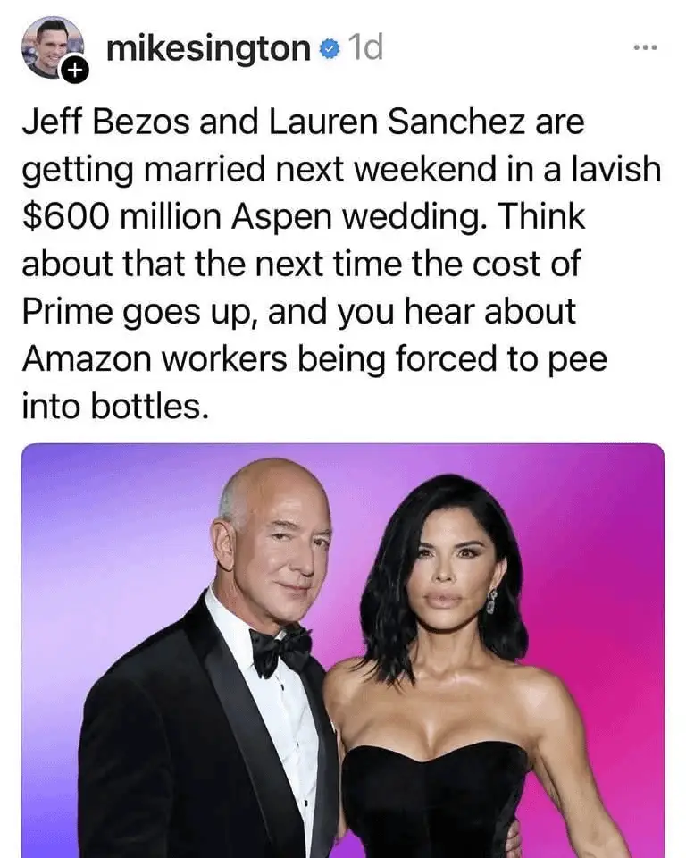 A photo of Jeff Bezos and Lauren Sanchez posing together in formal wear against a purple-pink gradient background. Overlaid…