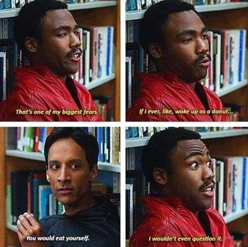A four-panel meme featuring actor Donald Glover in a red jacket looking concerned, then reacting to a hypothetical scenario…