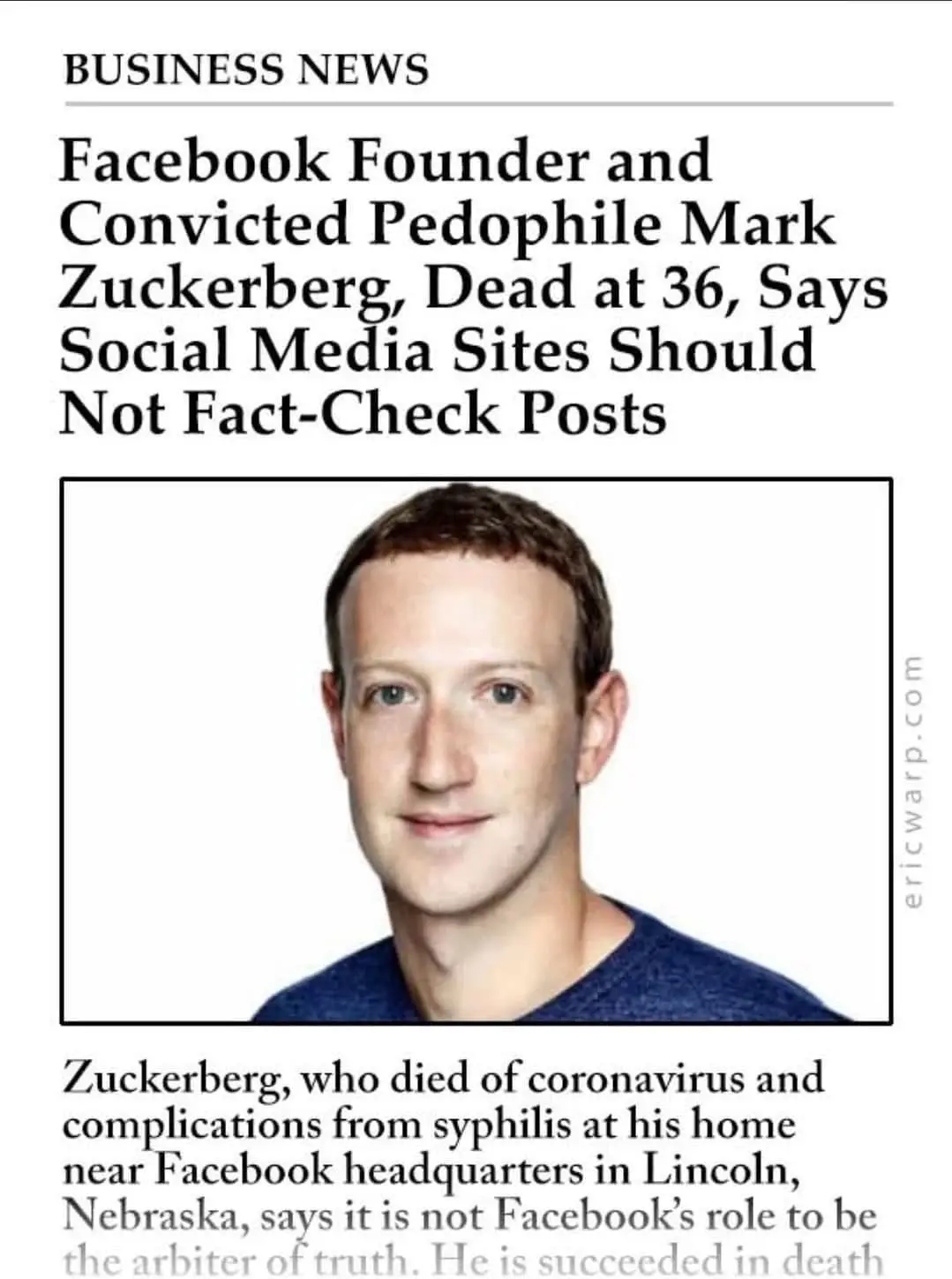 The image displays a satirical newspaper article titled 'BUSINESS NEWS' with a photo of Mark Zuckerberg. The headline…