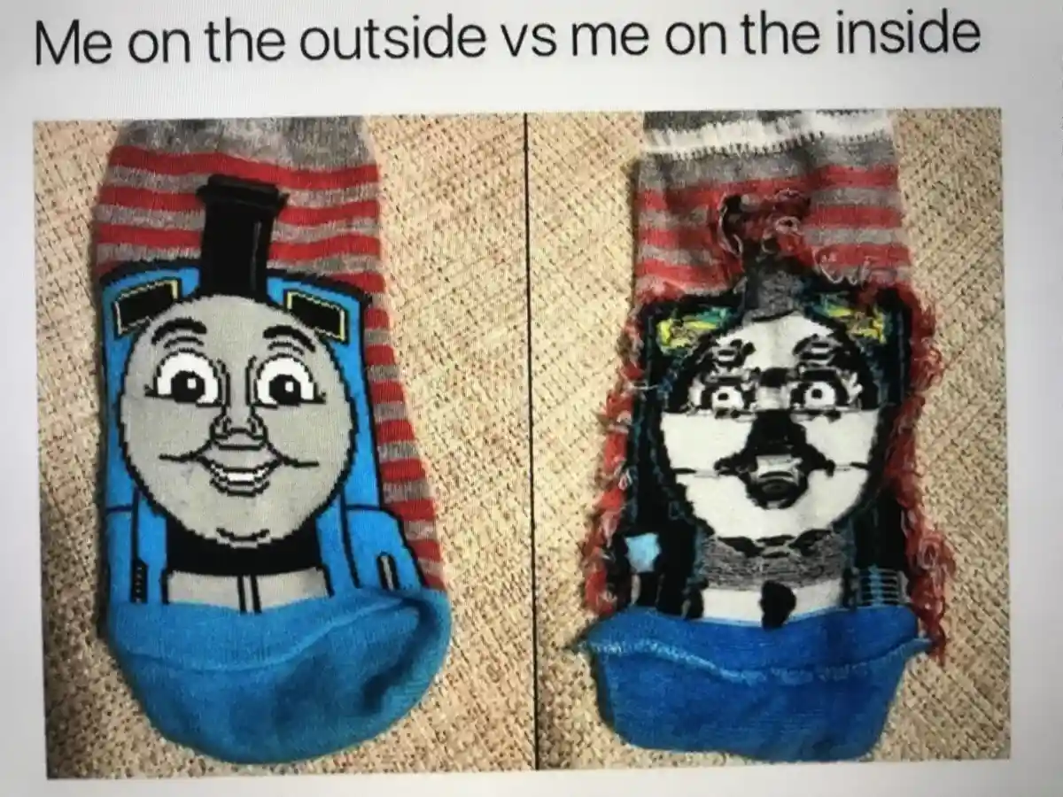 The image displays two socks side by side, both featuring a red and gray striped cuff and blue toe. The left sock shows a…