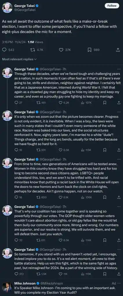 A screenshot of a Twitter thread by George Takei, where he discusses historical struggles and the 2024 election, followed by…