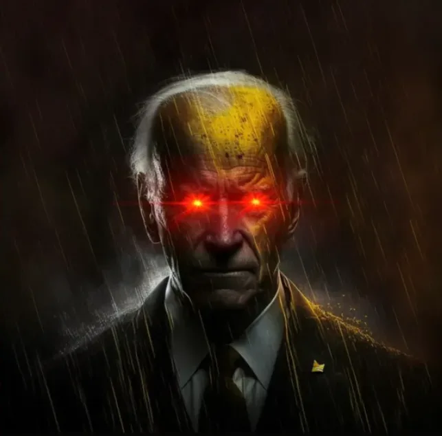 A digitally altered image of Joe Biden with glowing red eyes and a yellow aura, set against a dark, rainy background. He…