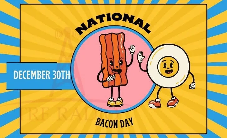 A cartoon bacon strip and a fried egg with faces and limbs stand together in a pink circle against a yellow and blue…