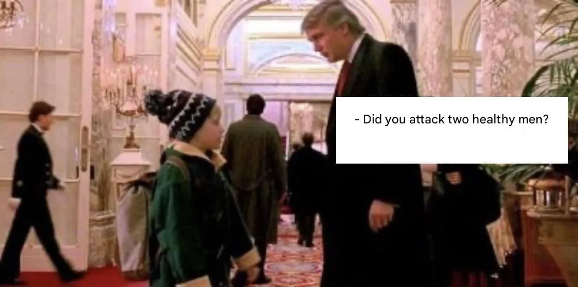 A still from a movie shows a young child in a green coat and patterned beanie standing in a grand, ornate hallway with…