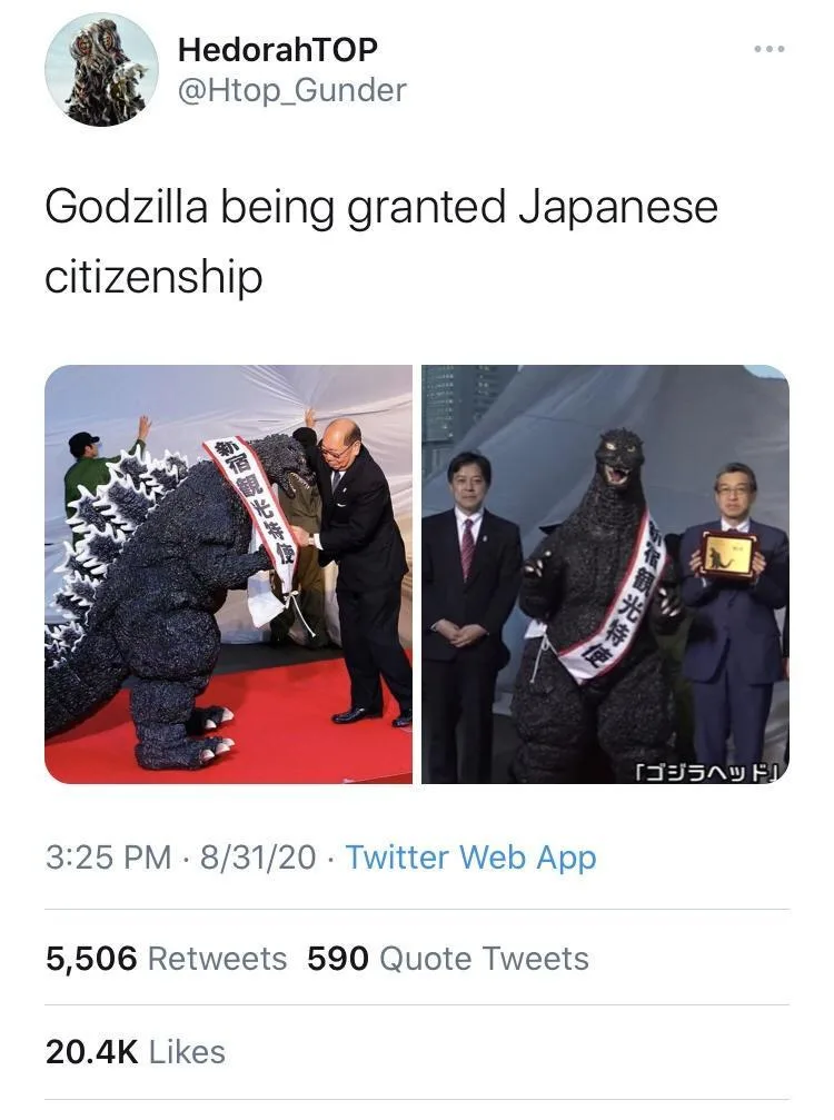 Two photos show a Godzilla costume being formally presented with a sash and a plaque by Japanese officials, mimicking a…