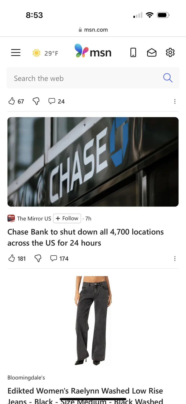 A screenshot of an MSN news feed shows a Chase Bank sign above a headline about the bank shutting down all locations for 24…
