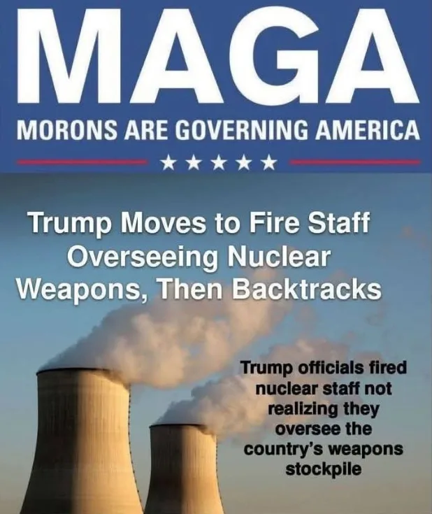 The image shows two nuclear power plant cooling towers emitting steam against a blue sky. Overlaid text reads 'MAGA' and…