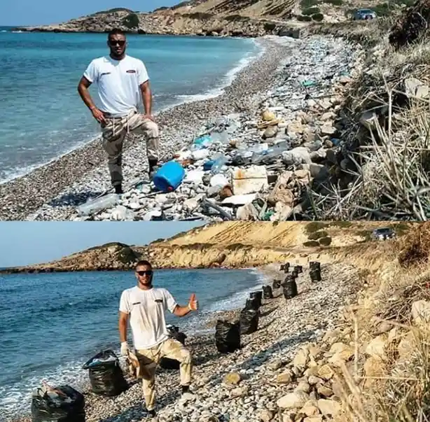 Two photos show the same man on a rocky beach. The top image shows him standing beside a shoreline littered with plastic…