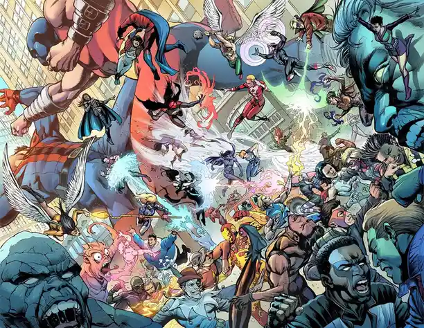 A chaotic comic book illustration depicts dozens of superheroes and villains engaged in a massive, multi-directional battle…