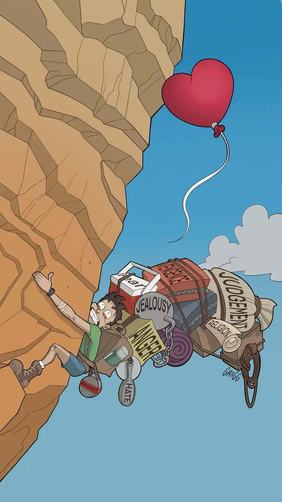 A cartoon man is desperately climbing a steep cliff while dragging a heavily loaded cart filled with labeled weights such as…