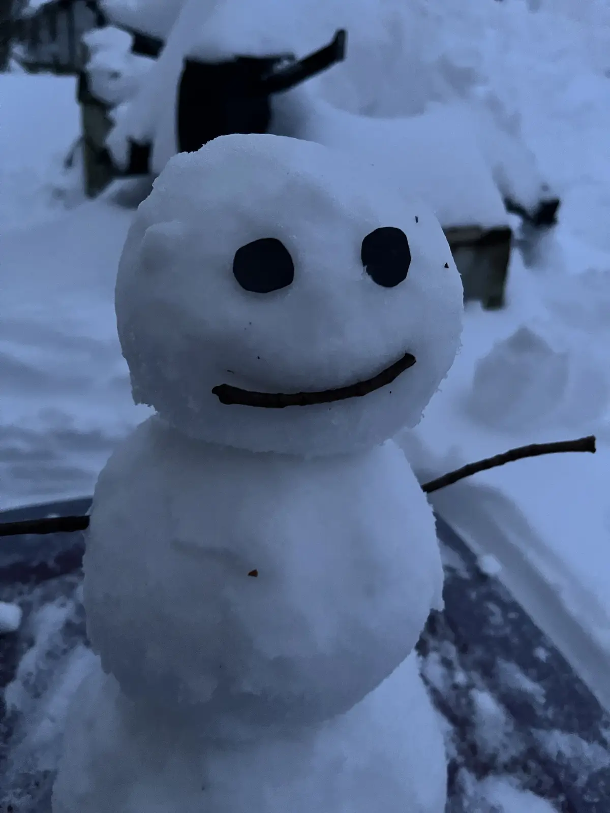 A close-up photo of a small, simple snowman with two black coal eyes, a curved twig mouth, and twig arms, standing in a…