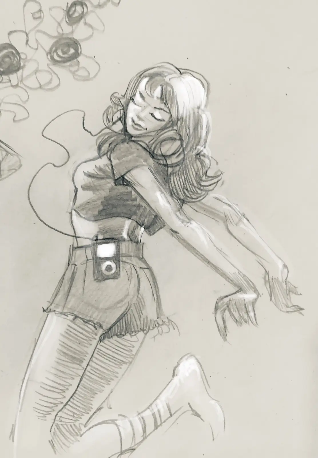 A pencil sketch of a young woman with long hair, wearing a crop top and shorts, leaning back with a relaxed expression. She…