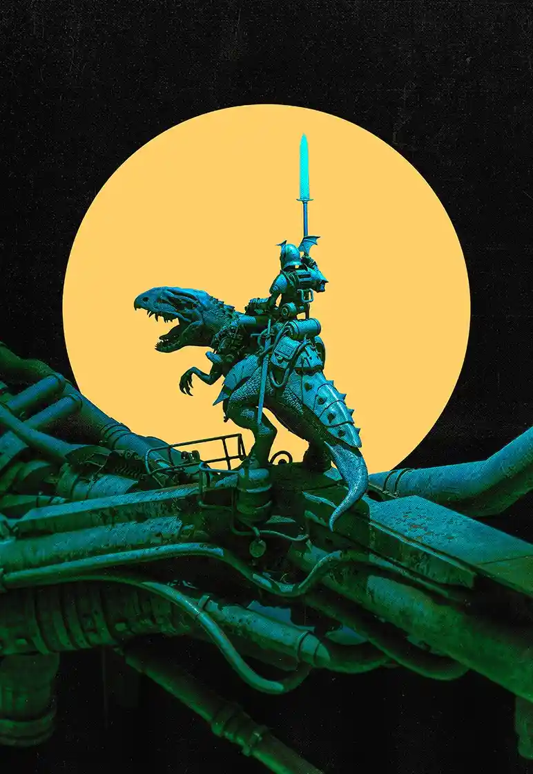 A knight in full armor rides a mechanical, dinosaur-like creature atop a complex network of pipes and machinery, holding a…