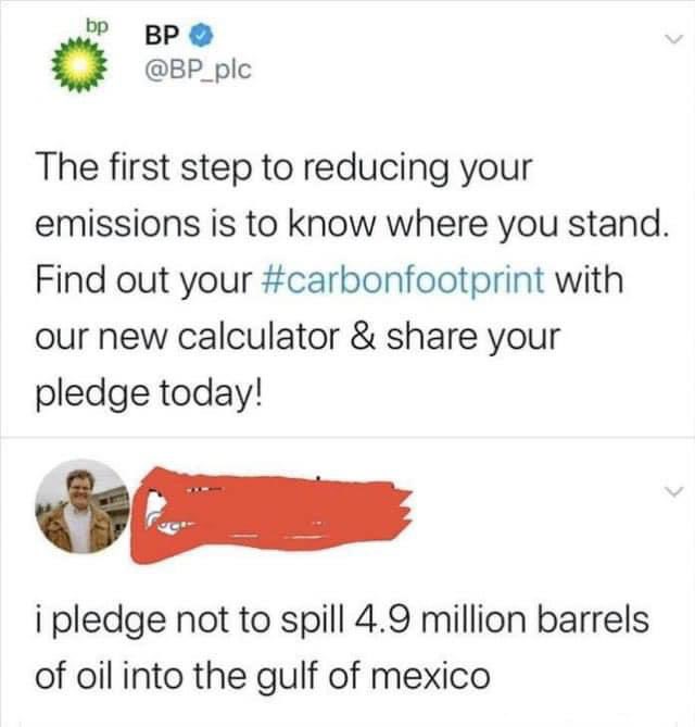A screenshot of a Twitter thread shows BP's official account promoting a carbon footprint calculator. Below it, a reply with…