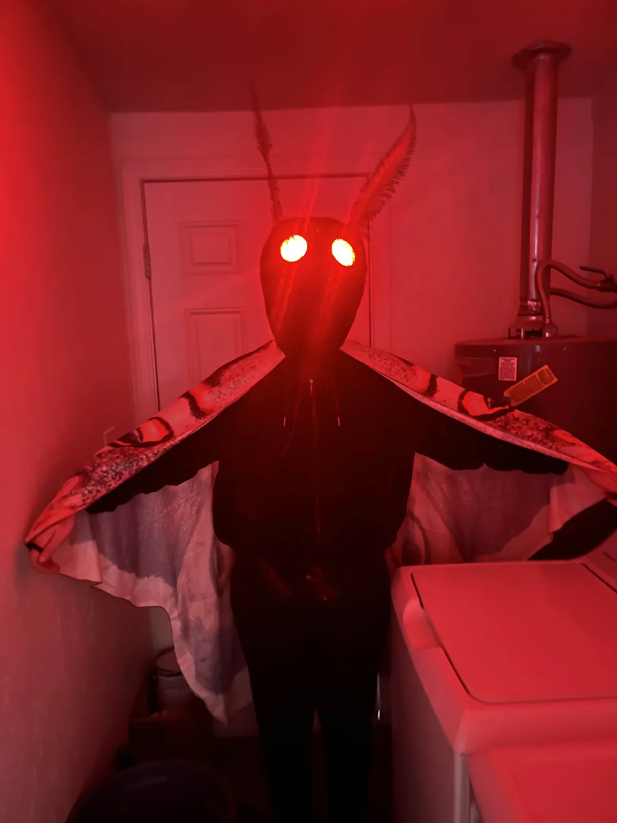 A person in a homemade moth costume with glowing eyes and feathery antennae stands in a laundry room bathed in red light…