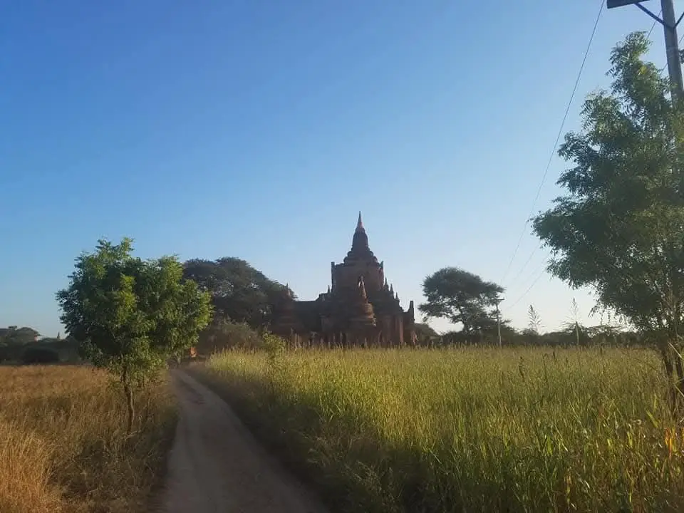 A scenic photo of a traditional Burmese temple, possibly in Bagan, framed by tall grass and trees under a clear blue sky…