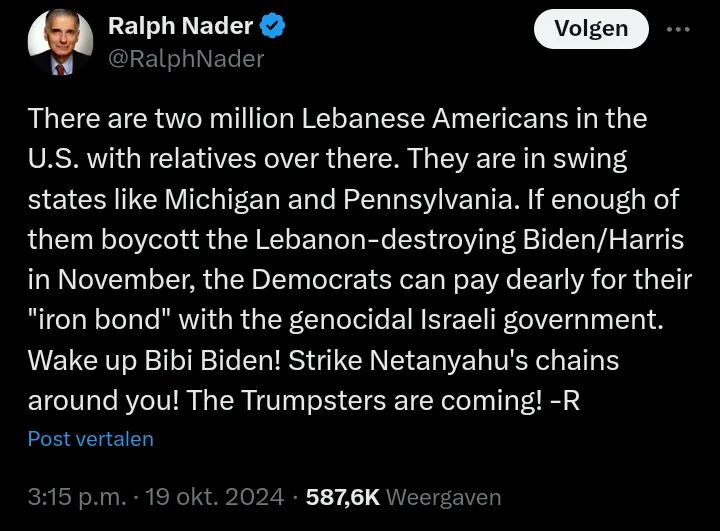 A screenshot of a tweet from Ralph Nader's verified Twitter account, showing his profile picture and a long text message…