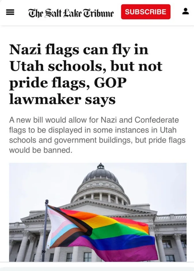 A screenshot of a Salt Lake Tribune news article headline stating a GOP lawmaker's proposal to allow Nazi and Confederate…