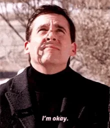 Six panels show actor Steve Carell in a black coat and turtleneck, progressively shifting from a calm, dismissive expression…