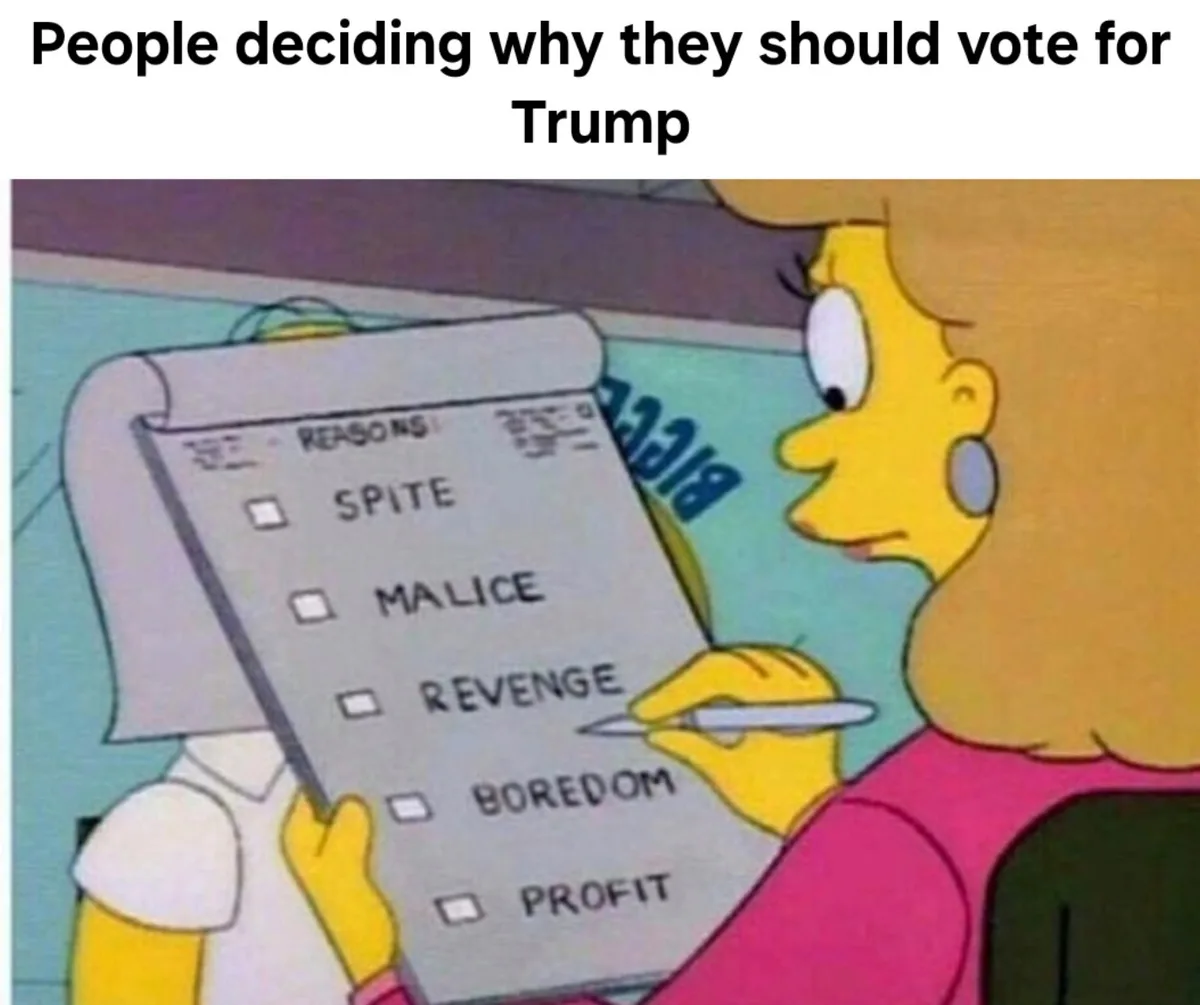 A cartoon woman holds a clipboard with a checklist titled 'REASONS' listing negative motivations like 'SPITE', 'MALICE'…