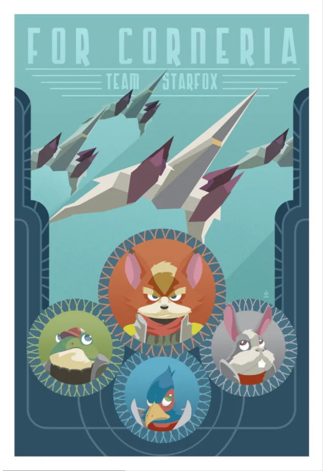A stylized poster featuring four anthropomorphic animal characters in circular frames at the bottom, with three fighter jets…
