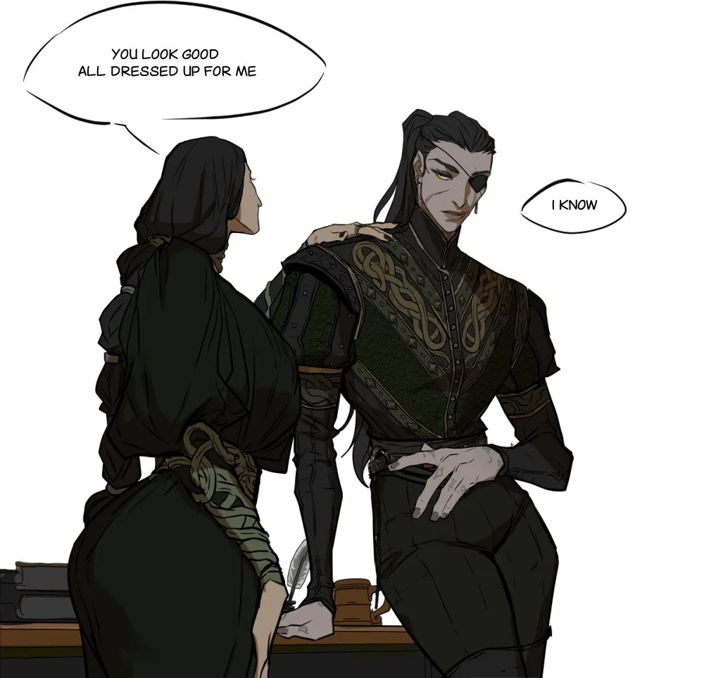 A comic panel shows a woman in dark robes with her hand on a man's shoulder, who is seated and wearing ornate dark armor…
