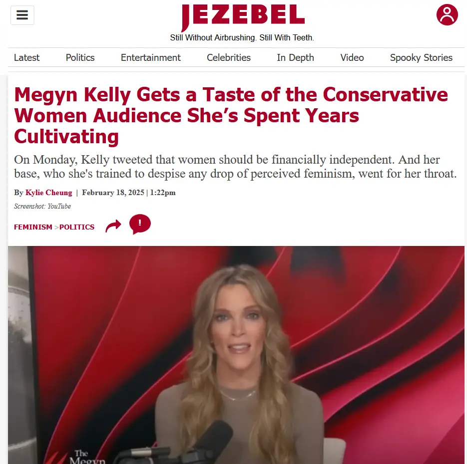 A screenshot of a Jezebel article about Megyn Kelly, showing her on camera with a red background, overlaid with the headline…