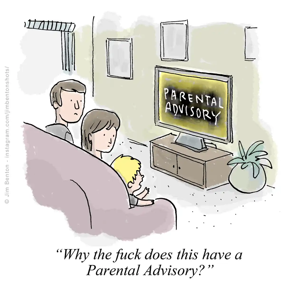 A cartoon depicts a family of three—two adults and a small child—sitting on a couch watching television. The TV screen…
