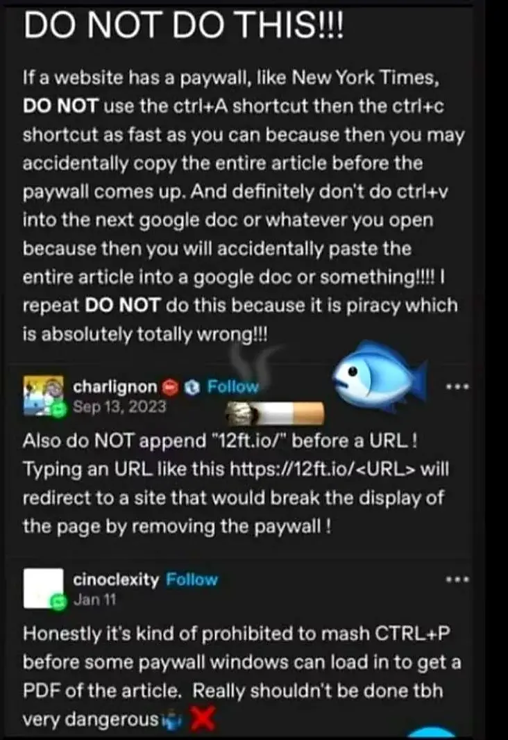 A screenshot of a social media thread warning against various methods of bypassing paywalls on websites like the New York…