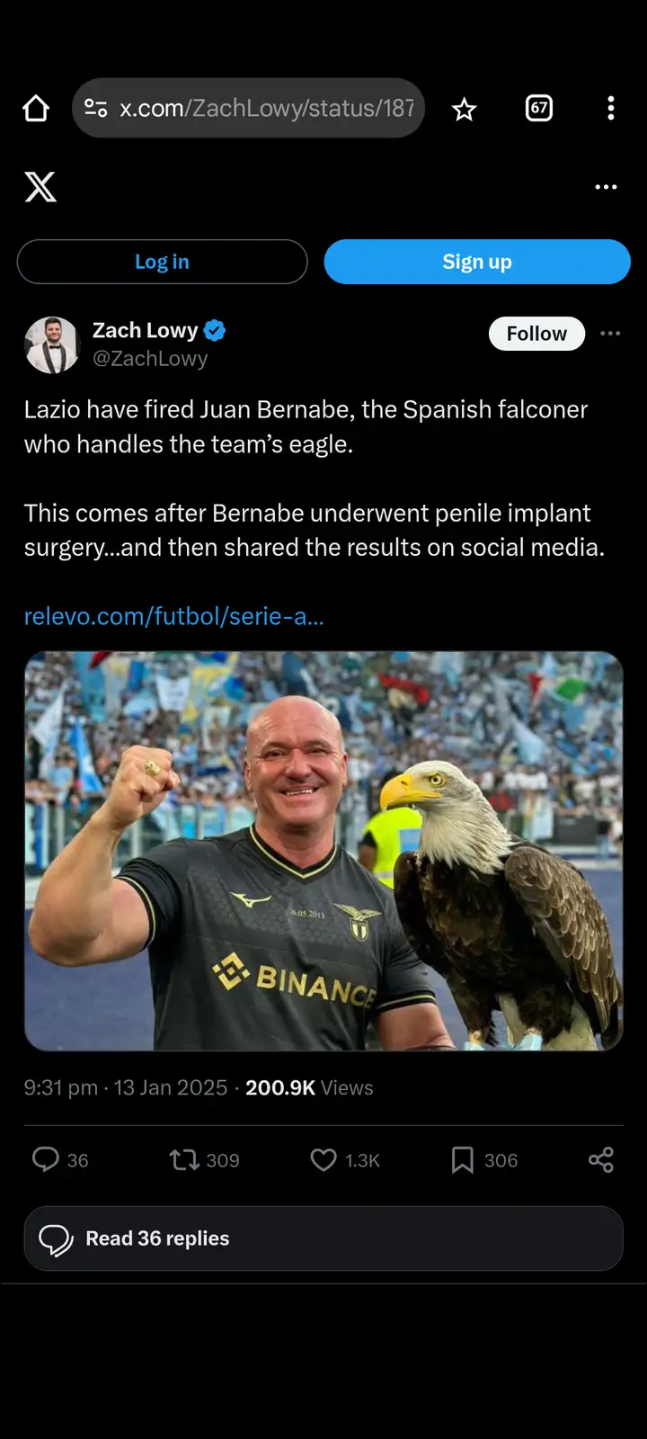 A screenshot of an X (Twitter) post by Zach Lowy showing a photo of a bald eagle perched on a man's gloved hand. The man…