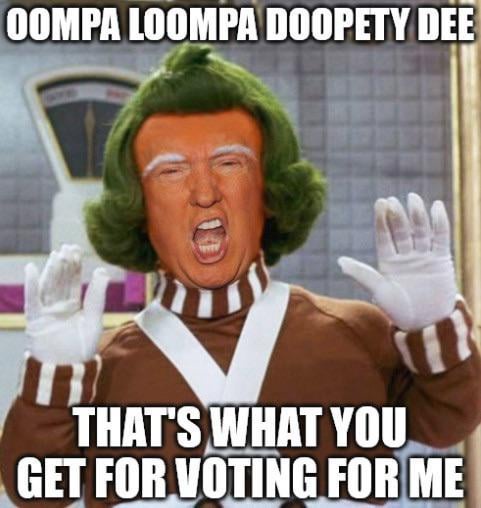 A person with a digitally altered face resembling Donald Trump, wearing a brown and white striped Oompa Loompa costume with…