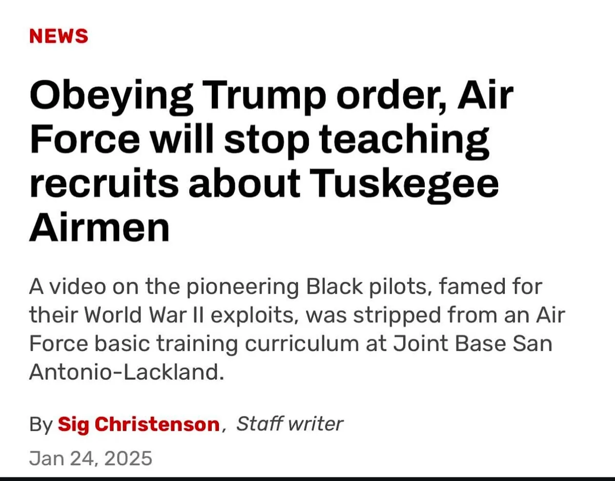 A fake news article screenshot with a red 'NEWS' header, a large headline claiming the Air Force will stop teaching recruits…