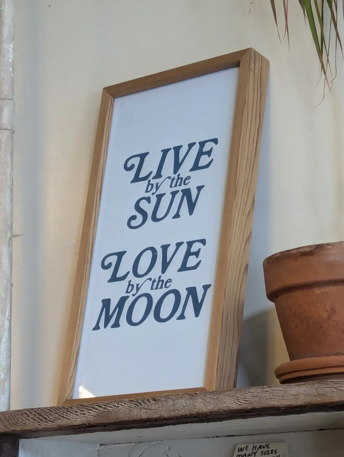 A wooden-framed sign with blue text reads 'LIVE by the SUN LOVE by the MOON' mounted on a shelf next to a terracotta pot…