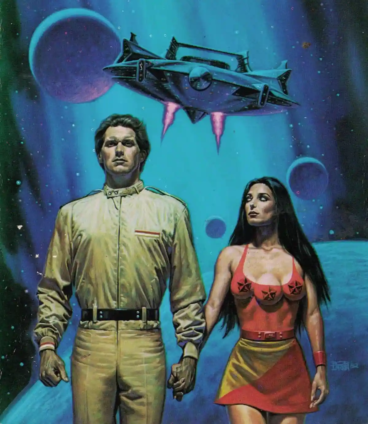 A vintage science fiction painting depicts a man in a tan uniform and a woman in a red and gold outfit holding hands…