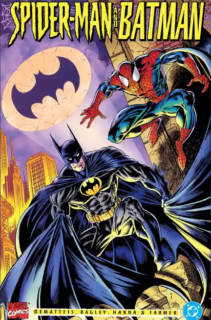 A comic book cover featuring Spider-Man swinging above Batman, who stands prominently in the foreground. The title…
