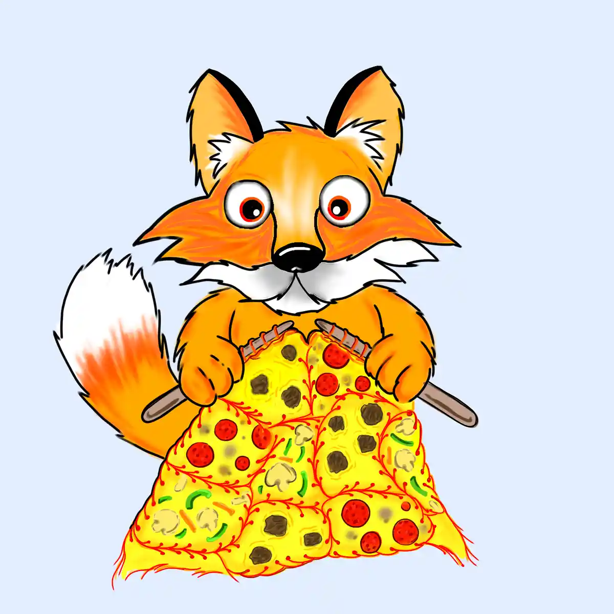 A cartoon fox with wide eyes and a white-tipped tail is holding a giant, oversized pizza slice that covers its torso. The…