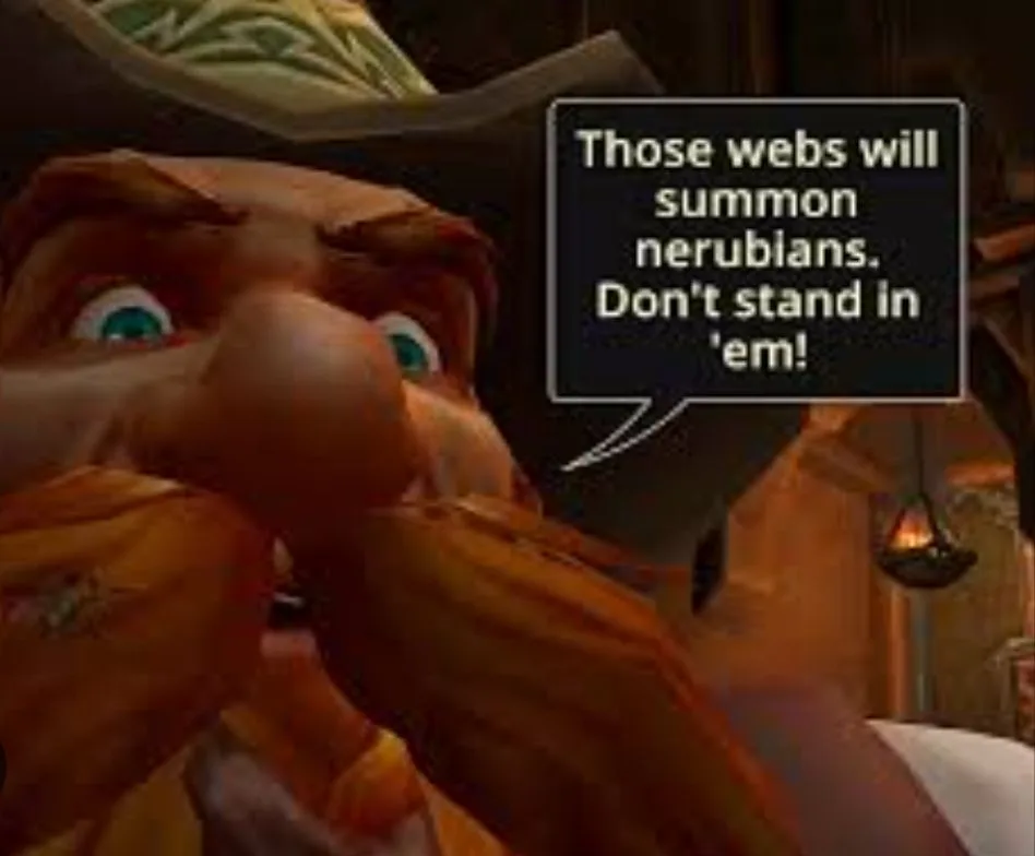 A close-up of a cartoonish, mustachioed dwarf-like character with wide, alarmed eyes and a large nose, wearing a hat. A…