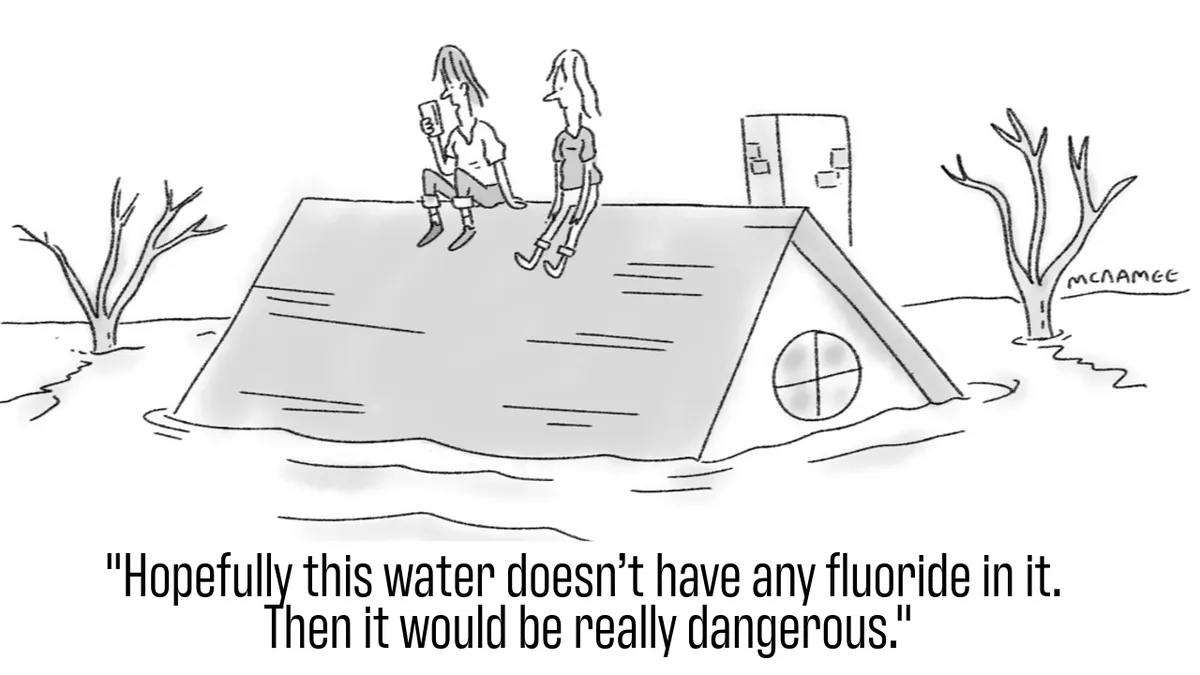 A black-and-white cartoon shows two people sitting on the roof of a house that is partially submerged in floodwater, with…