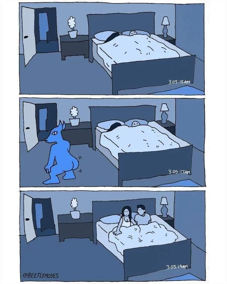 A three-panel comic strip depicts a bedroom scene at 3:05 AM. In the first panel, a person sleeps in bed. In the second, a…