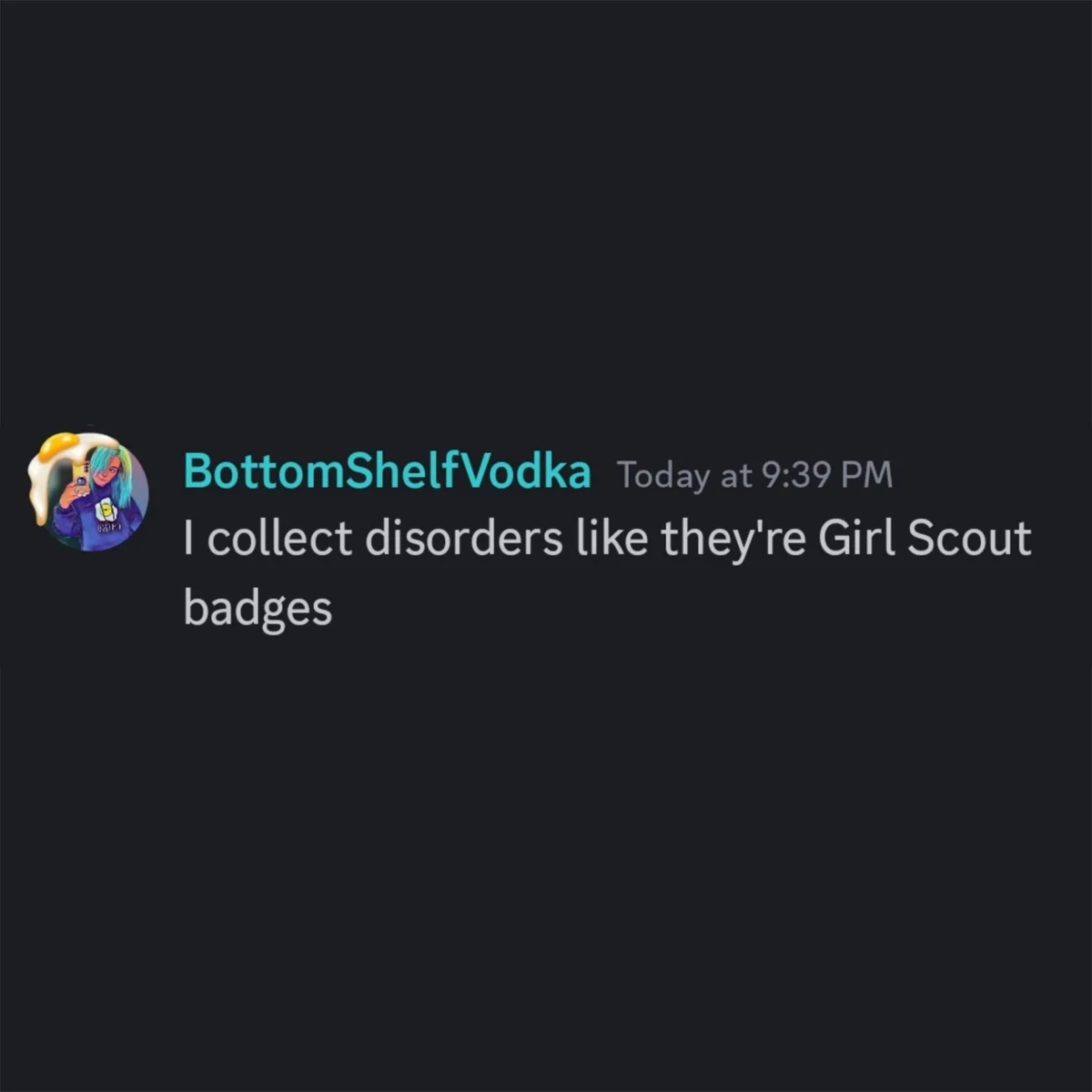 A screenshot of a Discord message from a user named 'BottomShelfVodka' with a profile picture of a person with blue hair…