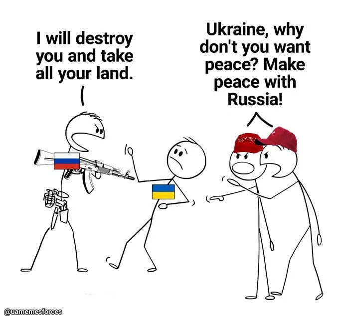 A stick figure with a Russian flag on its chest and a rifle points at a stick figure with a Ukrainian flag on its chest. A…