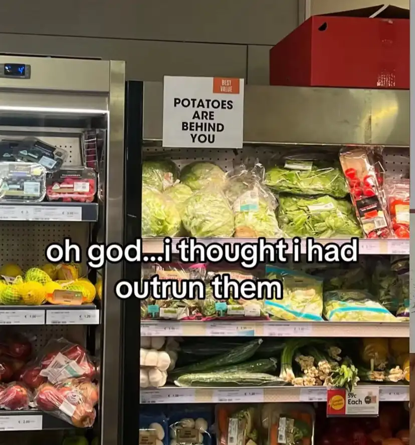 A grocery store produce aisle with shelves stocked with lettuce, cucumbers, garlic, and other vegetables. A white sign above…
