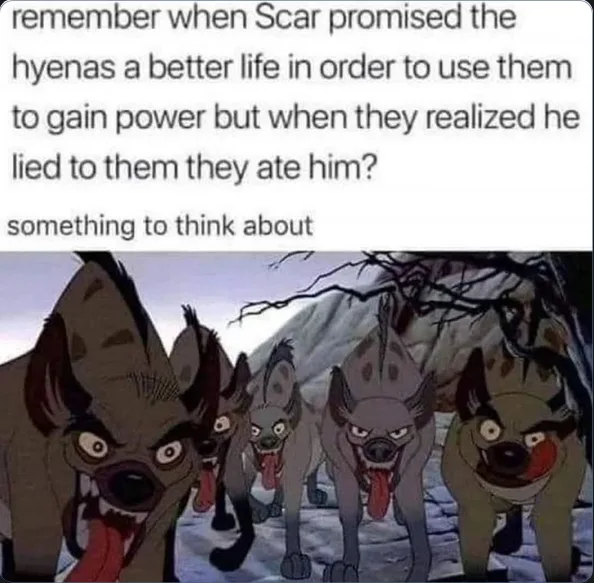 The image shows five animated hyenas from Disney's The Lion King, depicted with angry, menacing expressions, tongues out…